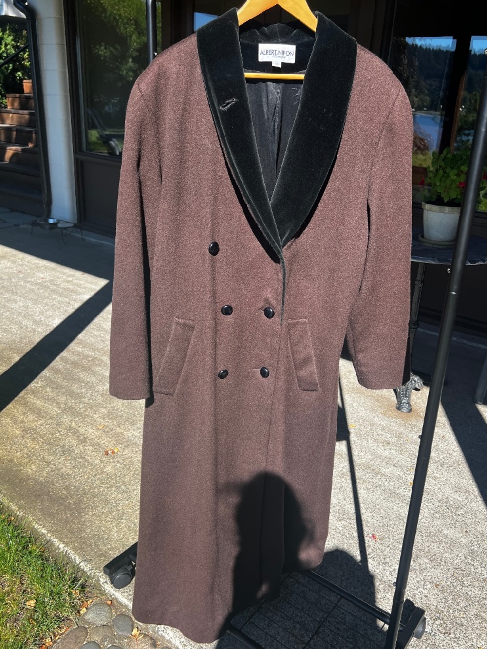 Vintage 90s Albert Nipon Brown Wool Long Coat Black Velvet Collar Size 16